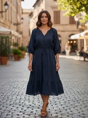 Talbots Navy Tiered Peasant Dress Lace Trim Boho Romantic Midi Size L